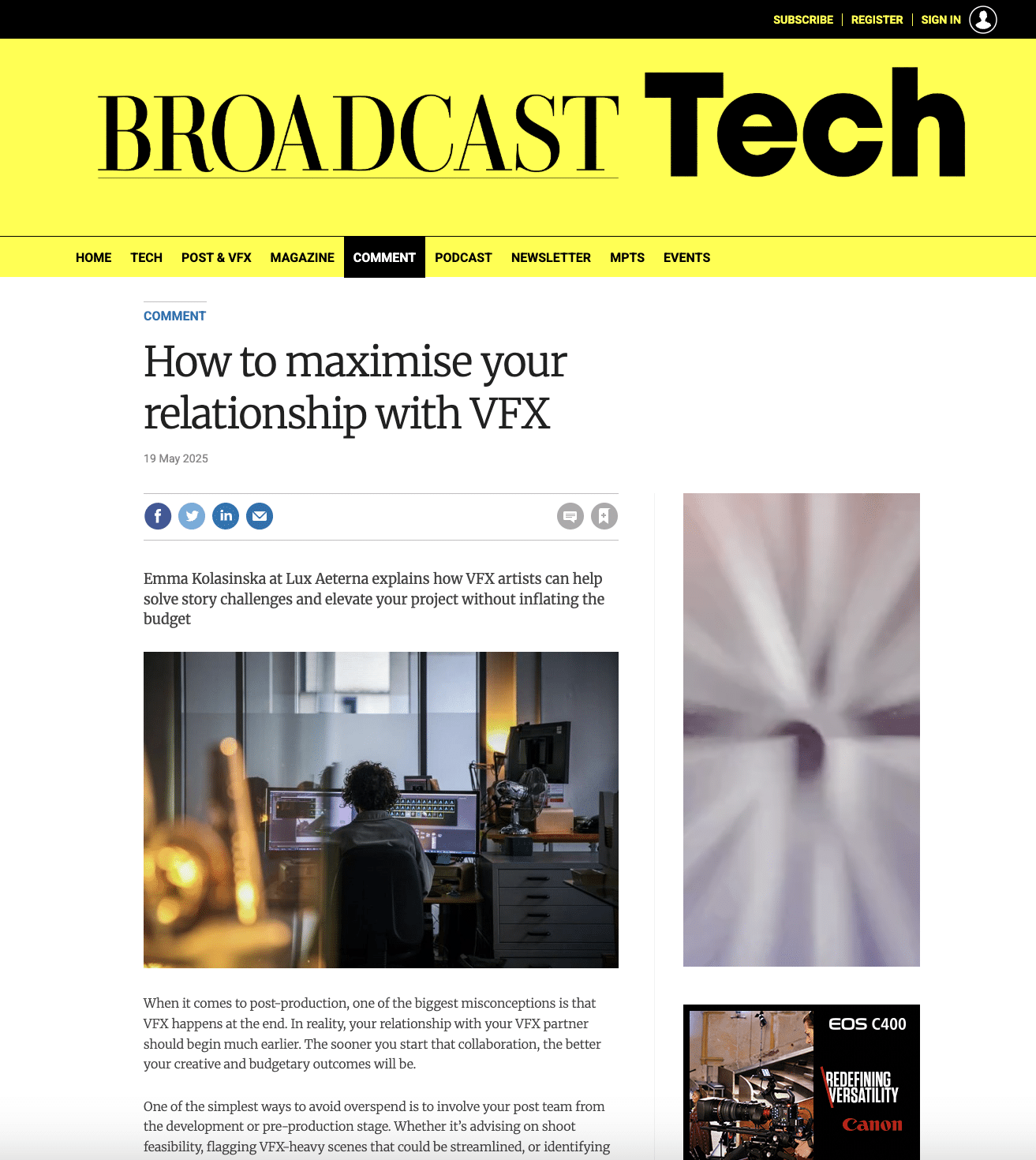 Multi-channel communications: Broadcast Tech article byline from Lux Aeterna team member