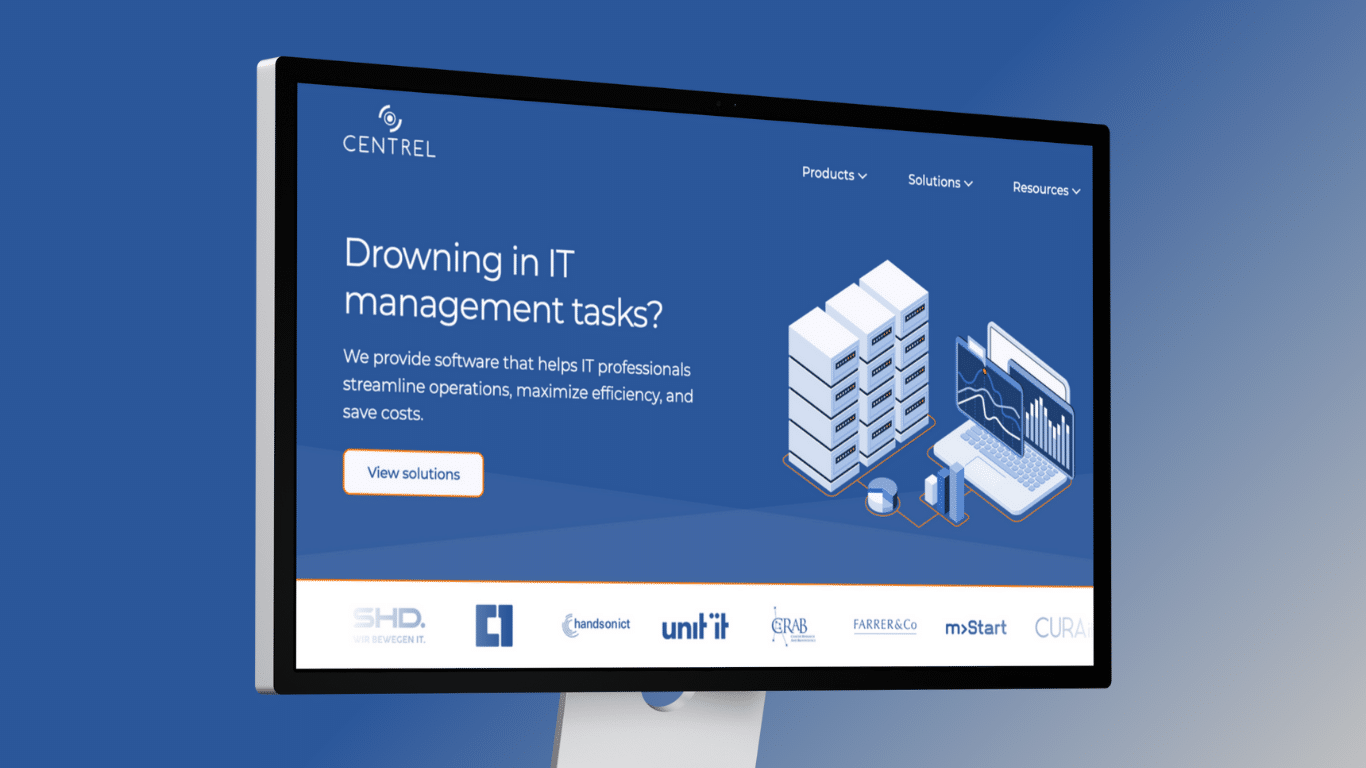 Unlocking growth for IT companies - Blue background with CENTREL Solutions' website on a computer monitor