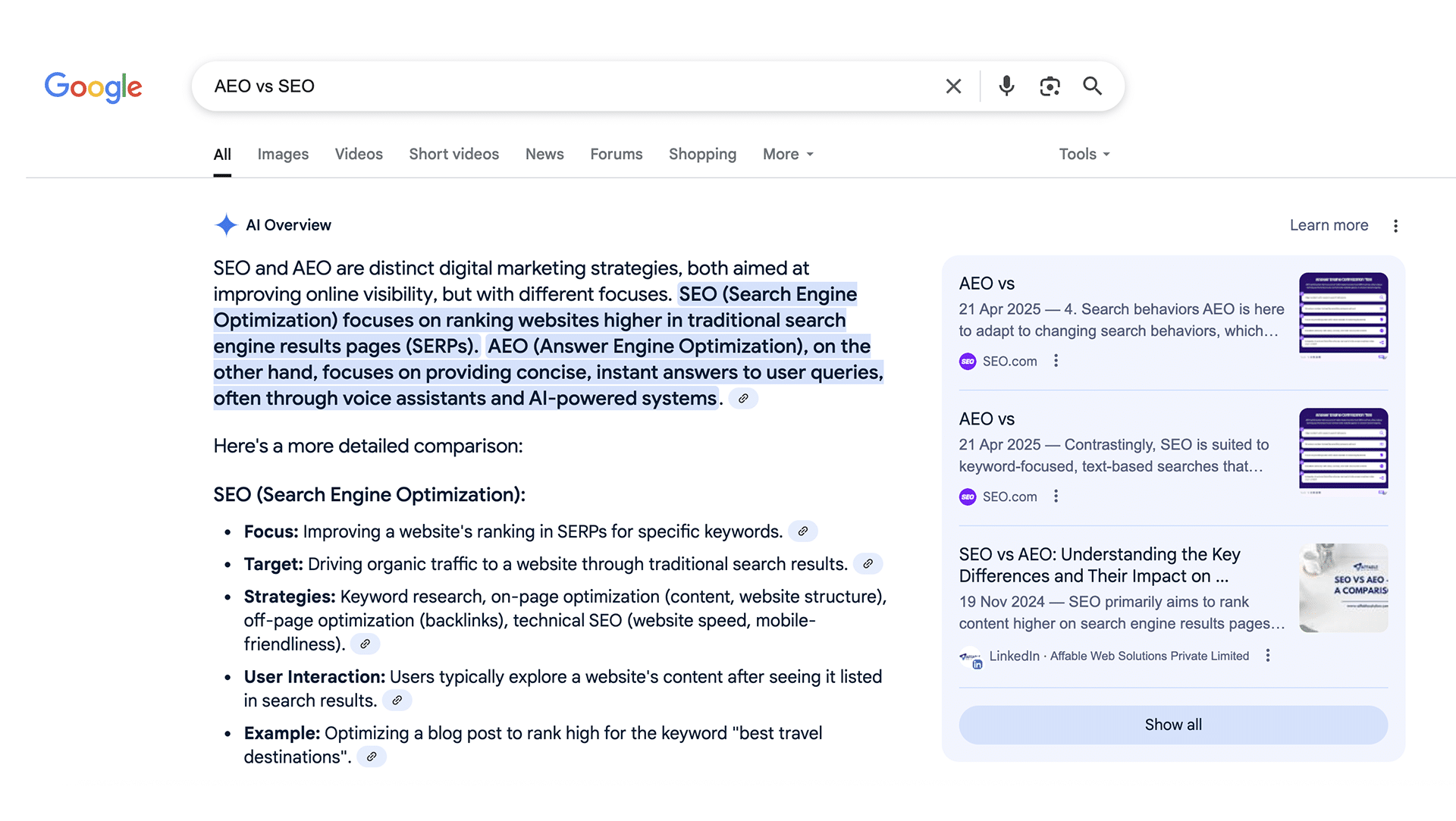 Screenshot of an answer engine search result on Google