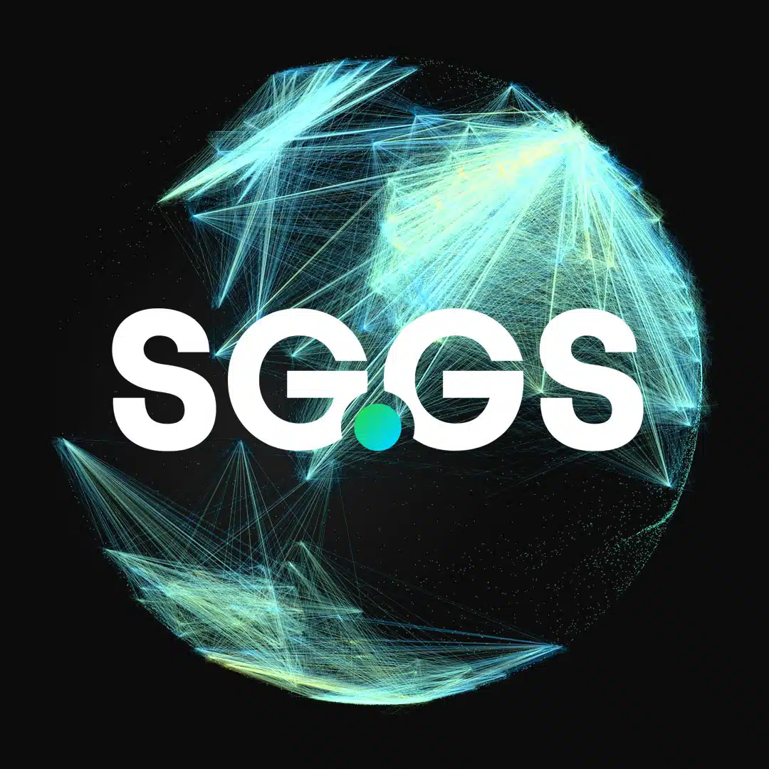 The SG.GS logo on a circular background web of interconnecting lines, illustrating telecoms marketing connectivity.